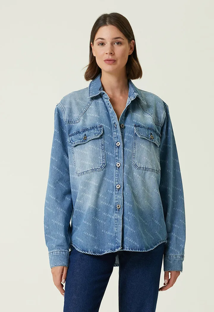 Academia Logo Patterned Denim Shirt Blue