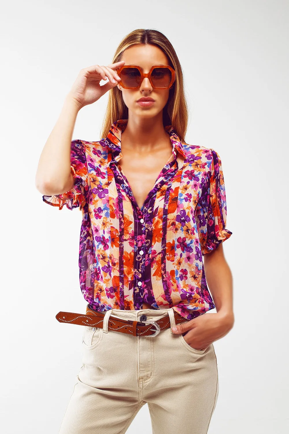 Button Down Shirt with Floral Print and Puff Short Sleeves