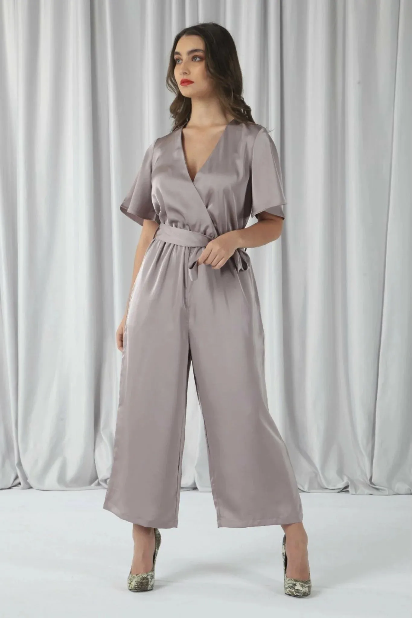 Double Second Lilac Wrap Front Satin Jumpsuit