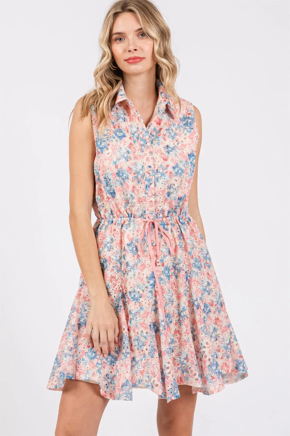 GeeGee Full Size Floral Eyelet Sleeveless Mini Dress