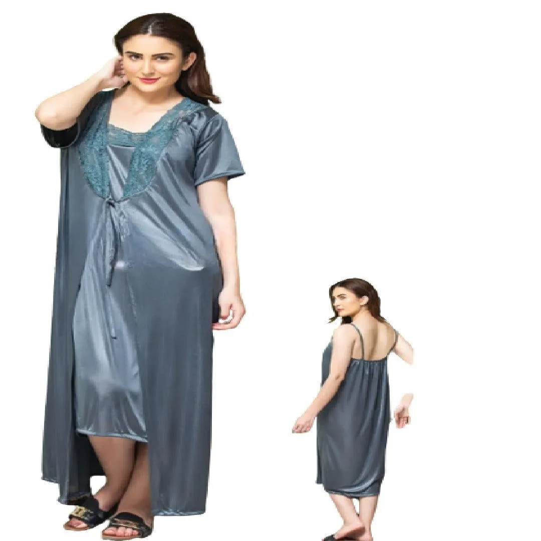 Honeymoon Nighty Silk Nighty Set for Women Bridal Nighty Set Long Sleepwear Gray Color