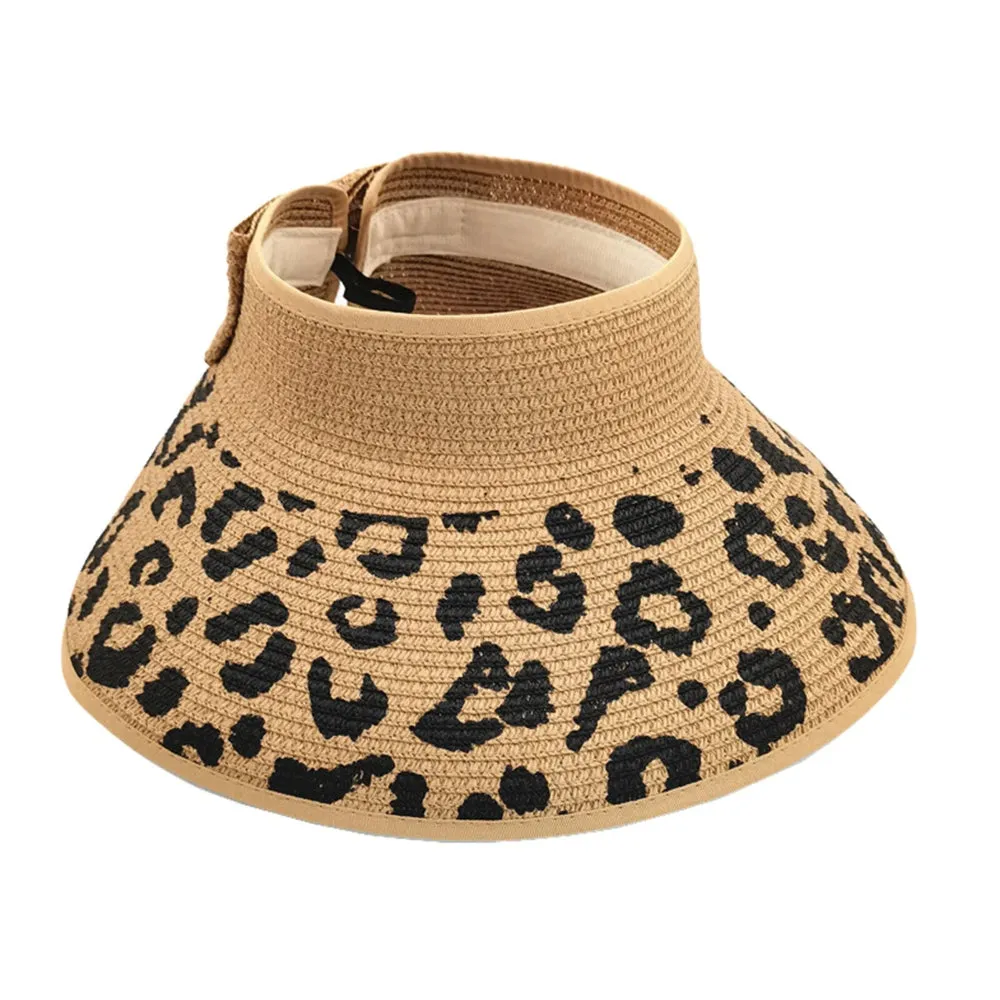 Ladies Straw Bow Leopard Print Straw Hat Vacation Travel Sunscreen Sunhat