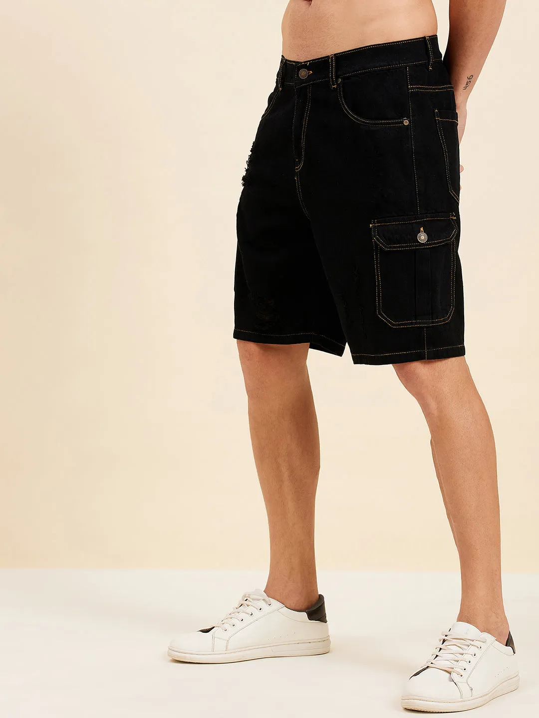 Men Black Denim Box Pocket Shorts