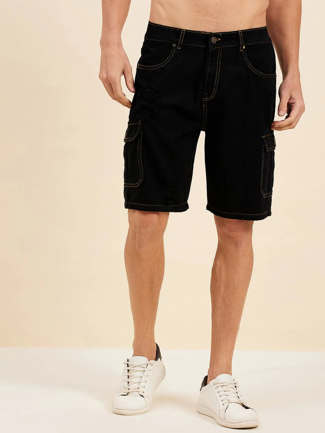 Men Black Denim Box Pocket Shorts