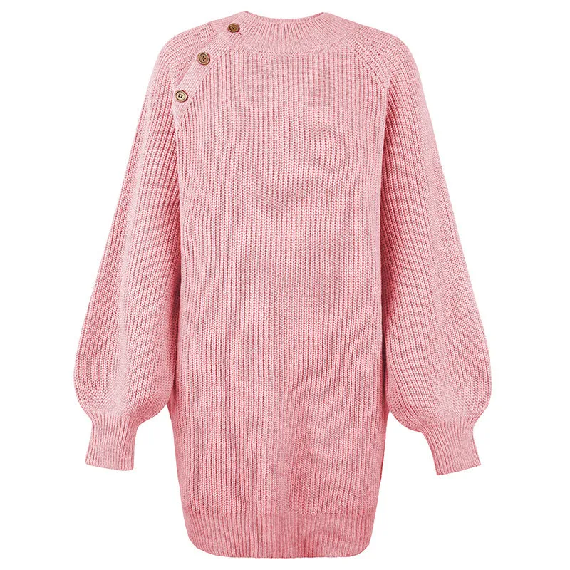 Women Sweaters Kniting Round Collar Pullover Long Buttons Skirts