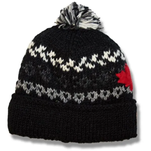 Roll Up tuque with POMPOM for Men and Women. 100% Wool with Fleece Lining. Handmade.