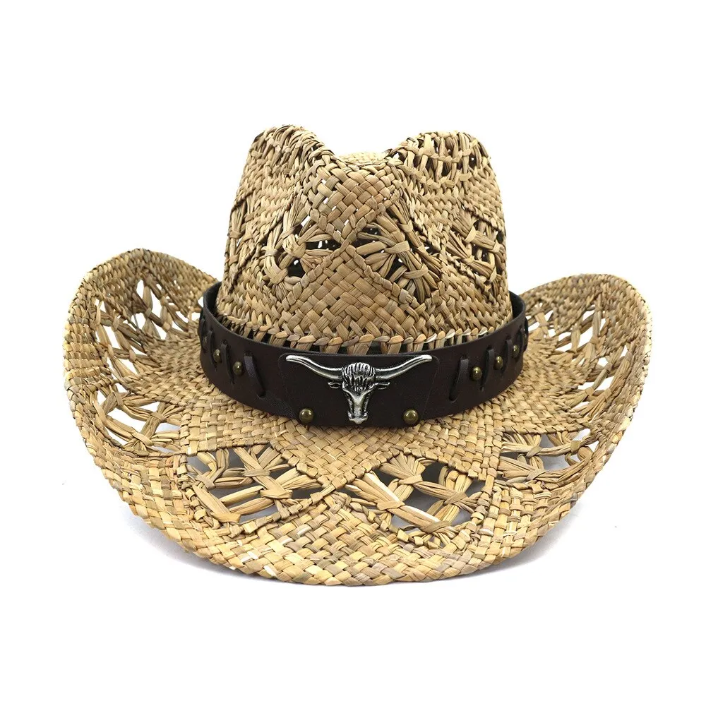 Summer Outdoor Sun Protection Cowboy Straw Hat for Men Women Wide Brim Beach Cap Natural Salt Grass Handmade Crochet Sunhat