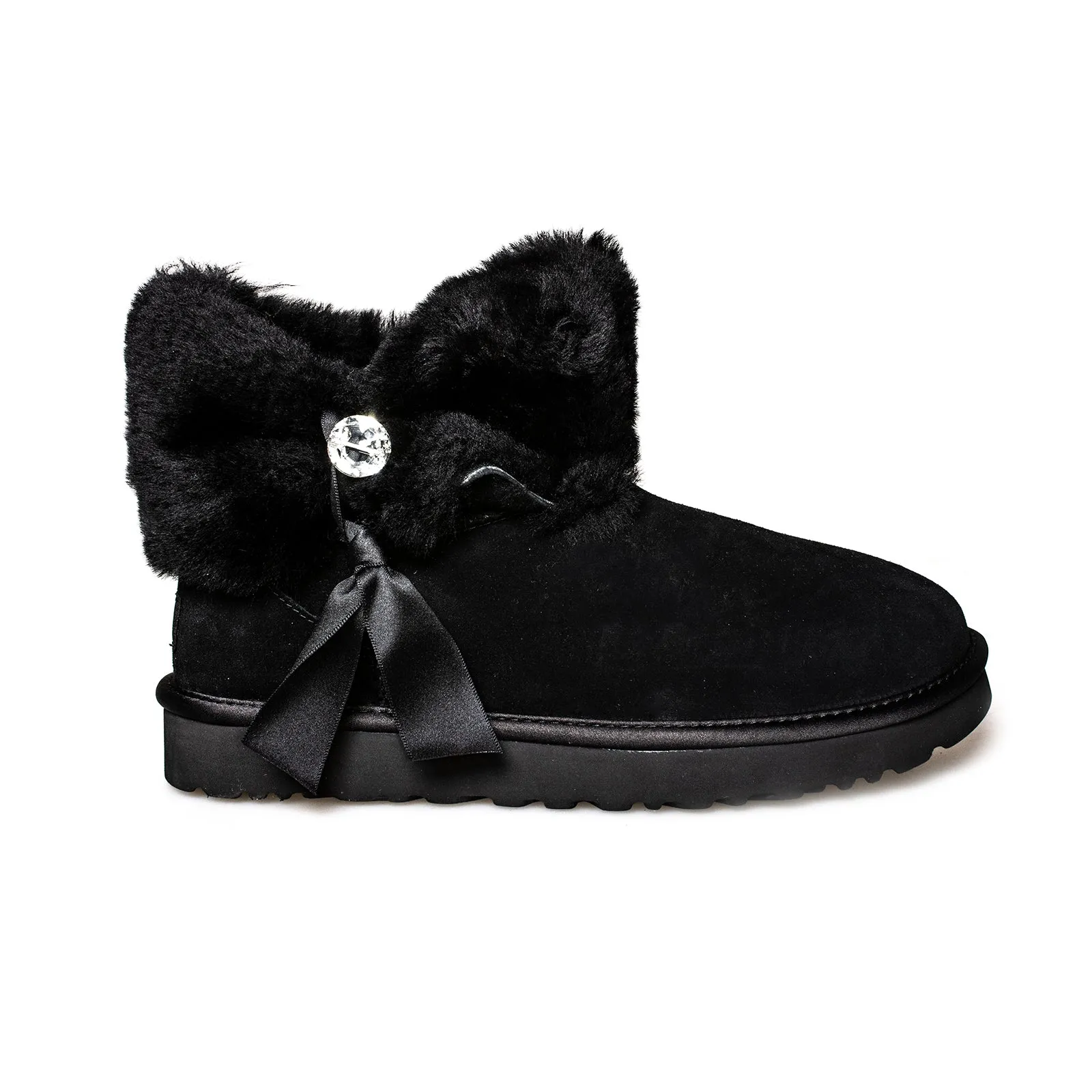 UGG Cinched Fur Mini Black Boots - Women's