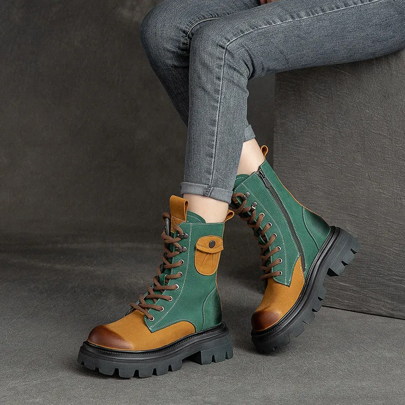 Women Retro Color Matching Patchwork Leather Boots